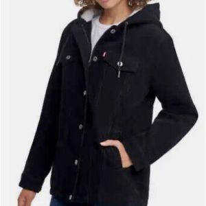 Levi's Women's Black Medium Corduroy Oversized Hooded Sherpa Trucker Jacket